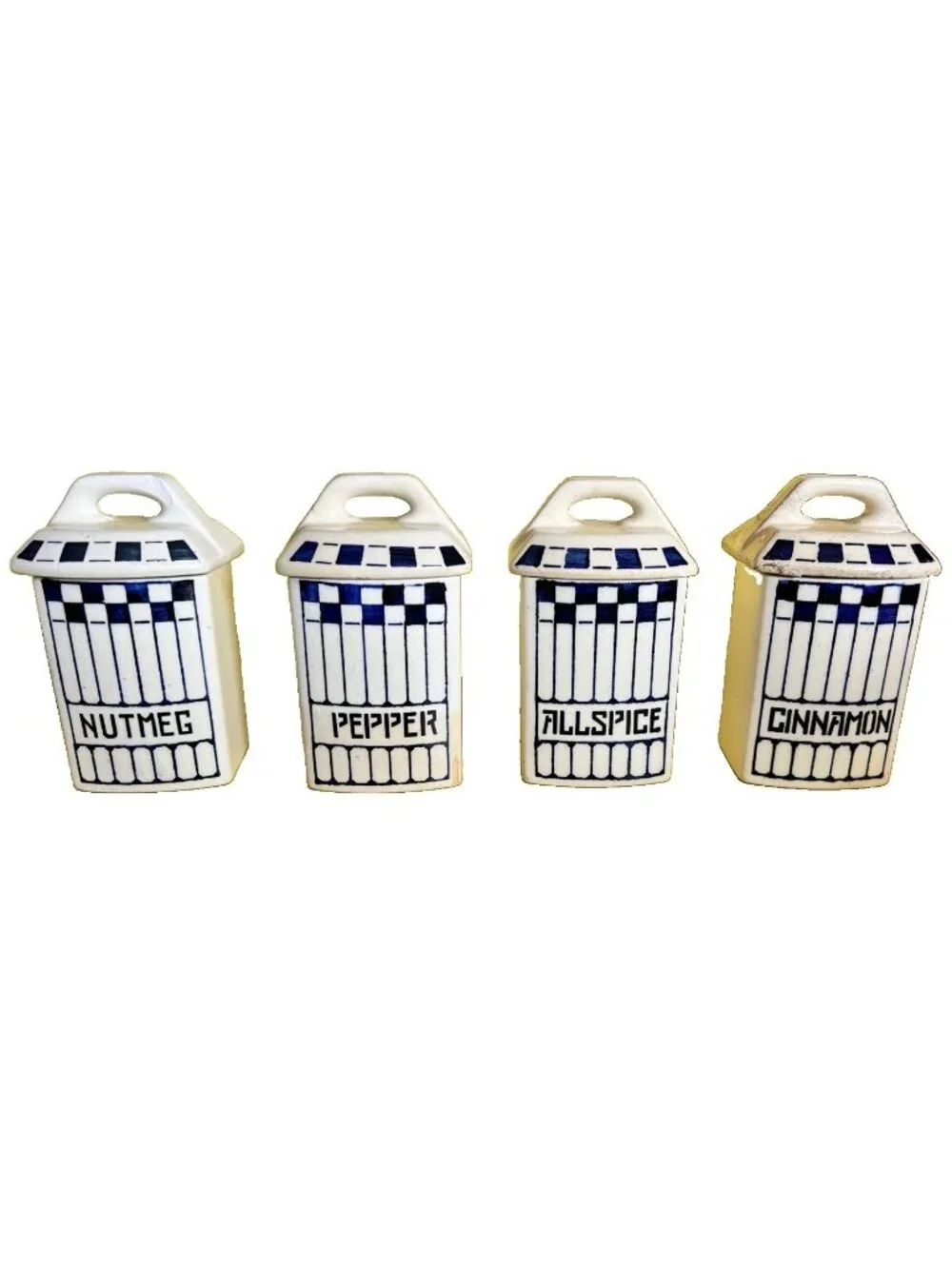 4 Pc STAFFEL Spice German Pottery Jar Nutmeg Pepper Allspice Cinnamon Canisters